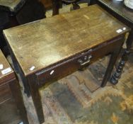 A George III oak single drawer side table on square chamfered supports,