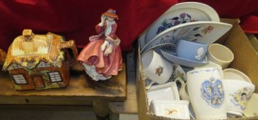 A box of miscellaneous china wares to include Royal Doulton "Top o' the hill" figurine,