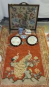 Two pieces of Wedgwood blue Jasperware, two oval lace panels, each framed,
