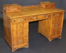 A late Victorian aesthetic oak dressing table with superstructure (missing), two drawers over a