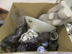 A box containing a pair of spelter figures of horses, a Swarovski Crystal oyster with pearl,