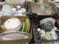 Two boxes of assorted china wares to include T G Green Cornish ware buff and white striped tea