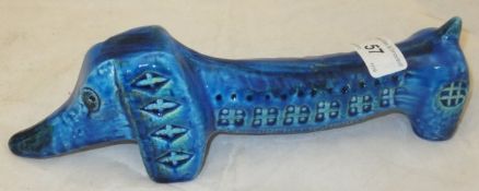 A Bitossi pottery figure of a dachshund dog with blue glaze