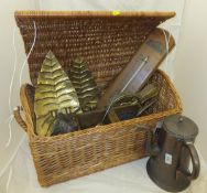 A dome topped picnic basket containing two further iron handled copper measures, fire tools,