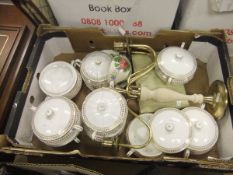 A box containing various Minton soup bowls, together with a five branch candelabra,