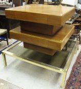 A pair of oak single drawer coffee tables, the square top raised on a square plinth base,