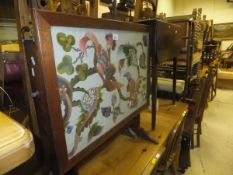 A needlework decorated firescreen/coffee table, a boot rack, single towel rail,