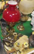 Two brass bodied Victorian oil filled lamps,