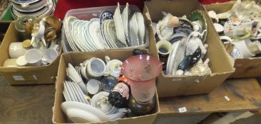 Five boxes of miscellaneous china, glass and other wares to include a Poole pottery dolphin,