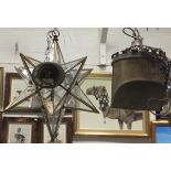 A star shaped metal and glass hanging lantern,