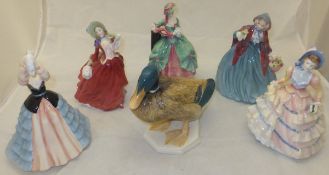 A collection of five Royal Doulton figurines - "Autumn Breezes", model HN 1934, "Lady Charmian",