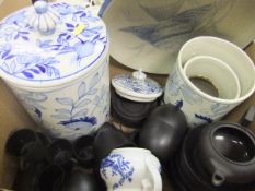 A box of assorted china wares to include Wedgwood black basalt coffee set,