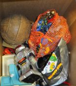 A box of various toys including "He Man" figures, vintage Sindy Caravan, etc.