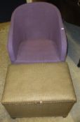 A Lloyd loom style purple painted tub chair, a LLoyd Loom style gold painted linen basket,