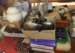 15 boxes / crates of miscellaneous items to include metal elephant sculptures,