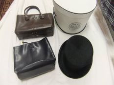 Two boxes of textiles, handbags, etc to include a Longchamps navy blue leather handbag,