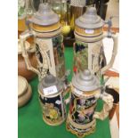 Four assorted steins including musical stein with mark to base "Trink Bruderlein Trink"