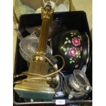 A box of assorted china and plated wares to include a three piece tea set, assorted cutlery,