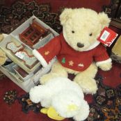 A box containing various dolls house furniture, a Harrod's "Maxwell" bear 2009, another small bear,