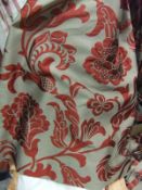 Two pairs of silk interlined curtains, the mushroom ground decorated with red floral design,