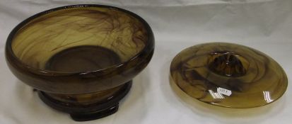 A collection of George Davidson glass in amber cloud colour way to include large fruit bowl on