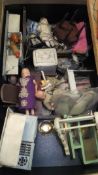 Two boxes of various miniature dolls, doll's house furniture,