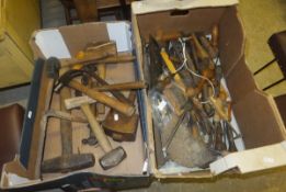 Two boxes of various vintage hand tools to include chisels, screwdrivers,