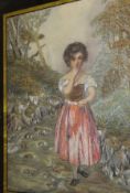 A long-stitch needlework of a young girl by the edge of a stream, with hand-painted face and arms,