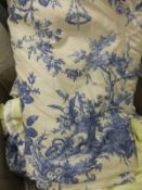 Two pairs of glazed cotton blue and white floral decorated interlined curtains with swags