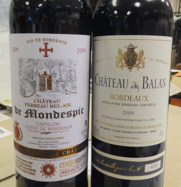 Chateau de Balan Bourdeaux, .75 L, 2009 x 6, and Chateau Pereau Bel-Air Castillon, .