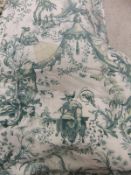 Two pairs of cotton interlined curtains with green and cream chinoiserie style decoration on a