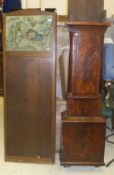 A mahogany long cased clock body, together with a tapestry covered four-fold screen,