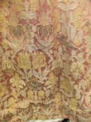 Two pairs of interlined curtains with woven floral and bird decoration on a pink ground