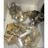 A box of assorted silver and plated wares to include three trumpet shaped vases,