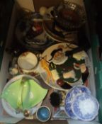 Two boxes of miscellaneous china and glass wares to include glass paperweights in the form of birds,