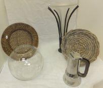 Five boxes of miscellaneous items to include white fabric place mats, rattan plate holders,