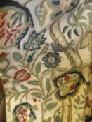 A pair of crewel work curtains, and a box containing a glazed cotton bed throw and matching pelmet,