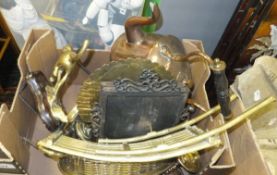 Various copper and brass items to include brass trivet, copper kettle, brass twin-handled basket,