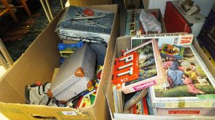 Three boxes of various toys and games including Marx Deluxe Typewriter, Bristol Britannia friction