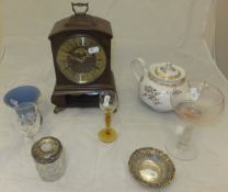 A box of glassware to include a silver lidded dressing table jar and a pierced silver trinket dish,