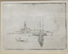EARLY 20TH CENTURY ENGLISH SCHOOL "Venice with gondolier in foreground", black and white etching,