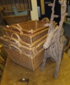 5 various rectangular wicker baskets and a wicker reindeer