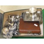 A box containing a set of six silver coffee bean spoons, a pair of plated bonbon dishes,