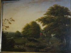 19TH CENTURY ENGLISH SCHOOL "Near Cirencester", landscape study with figures, oil on panel,