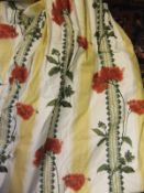 Two pairs of cotton lined curtains with mustard and cream stripe ground and red floral sprays,