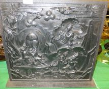 A Chinese cast iron framed carved and stained alabaster panel featuring figures and deer CONDITION