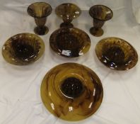 A collection of George Davidson glass in amber cloud colour way to include large circular shallow