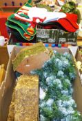 Two boxes of various Christmas decorations including nativity scenes, Christmas stockings,