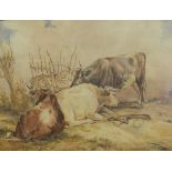 G J DELATOUR "Three cows by cart", watercolour,