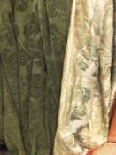 A pair of green flock style interlined curtains,